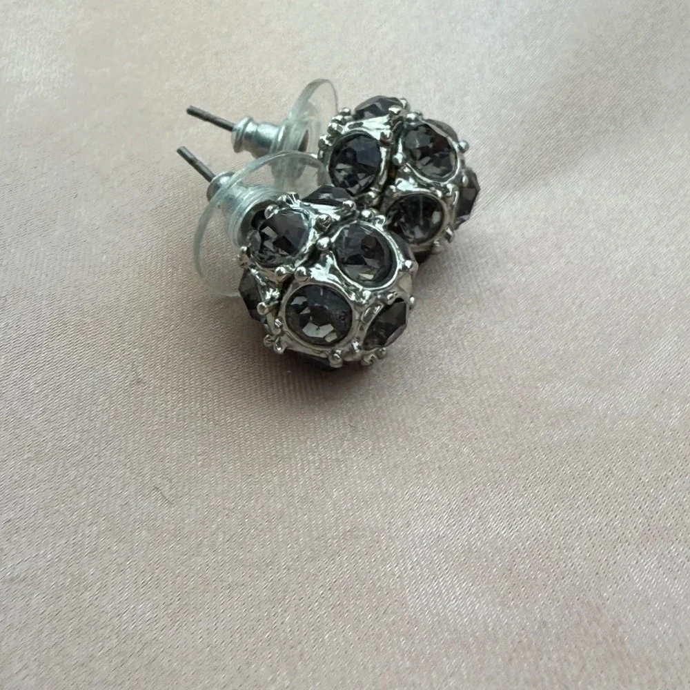 Smoke Gray & Silvertone Cluster Ball Rhinestone Stud Earrings